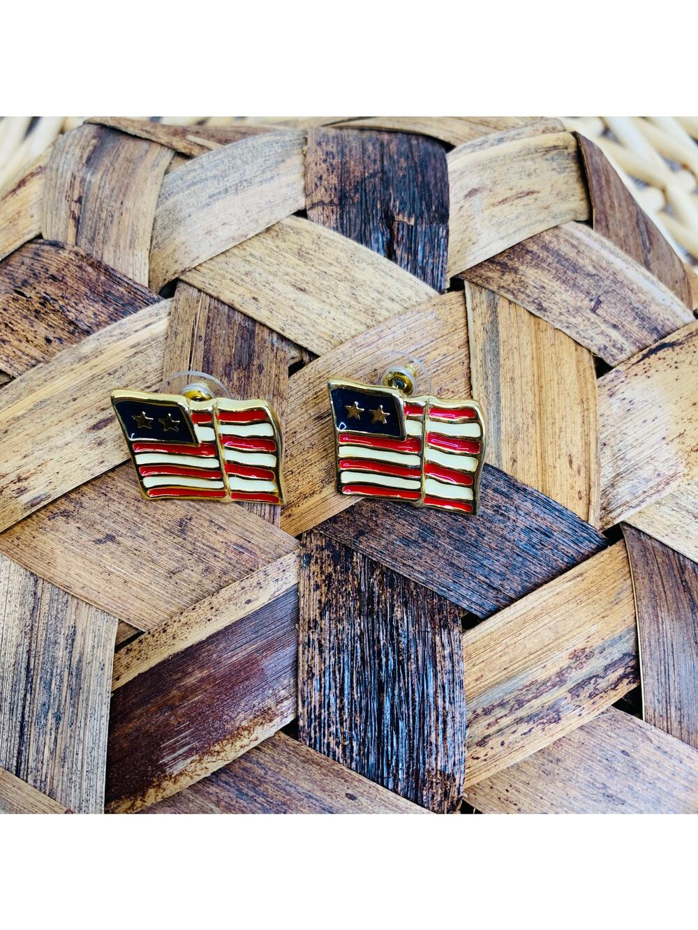 Vintage Flag Enamel Earrings .5 x 1"